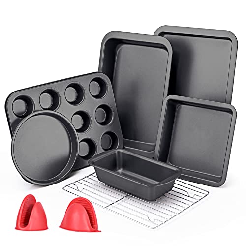 KITESSENSU Baking Pans Sets, Nonstick Bakeware Set 8-Piece with Round/Square Cake Pan, Loaf Pan, Muffin Pan, Cookie Sheet, Roast Pan, Cooling Rack & Silicone Oven Mitts, Carbon Steel Bake Set