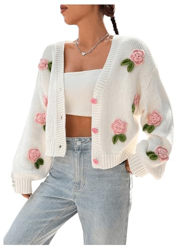 GORGLITTER Women's Floral Button Up Cropped Cardigan Fall Sweaters Long Sleeve Open Front Knit Tops Trendy 2025