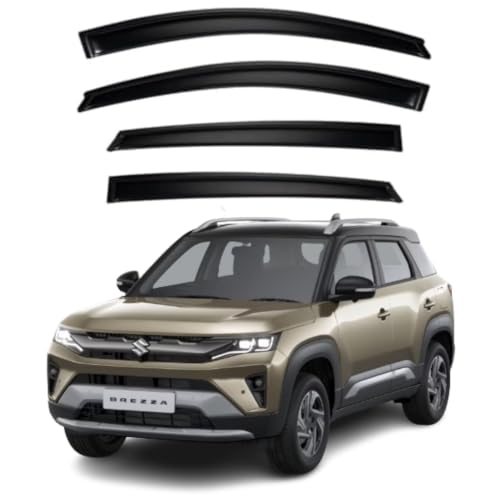 Image of Premium Smoke Car Door Visor Front+Rear Sun /Rain Guard Outside Mount Tape-On Window Visors Compatible with Maruti Suzuki Brezza (2026)