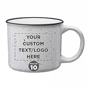 DISCOUNT PROMOS Custom Ceramic Campfire Coffee Mugs 13 oz. Set of 10, Personalized Bulk Pack – Perfect for Tea, Espresso, Cappuccino, Hot Cocoa – White