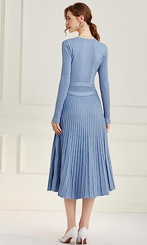 Image of Women's Long Sleeve Sweater Dress Ankle Length Fall Dress Vneck Knit Winter Dress