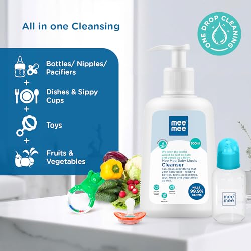 Mee Mee Baby Liquid Cleanser 300 ml, Anti-Bacterial Kills 99.9% Germs | Cleanser for Baby Bottles, Nipples, Accessories, Toys, Fruits & Vegetables No Alcohol,Dermatologically Tested