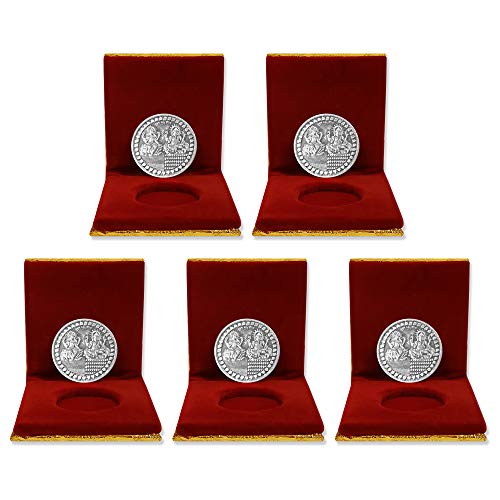 Image of QPID German Silver Coins 10 Grams Silver Plated for Diwali Gift Items for men, women, staff, customer, clients, corporate with Velvet Gift Box (Pack of 5) Dhanteras