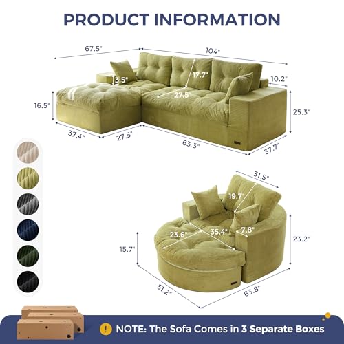 Image of MAXYOYO L Shape Sectional Sofa Couch and Round Chaise Lounge, Modern Cloud Couch with Ottoman, Comfy Sofa with Layered Cushion, Tufted Upholstered Sleeper Chair for Living Room, No Assembly Required