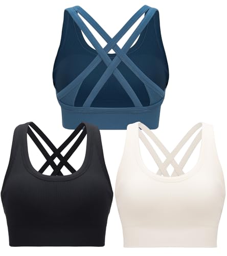 RUNNING GIRL High Impact Sports Bras for Women,Strappy Crisscross Black Sports Bra High Support with Removable Pads(WX3011_Black+White+Dark Blue_L)