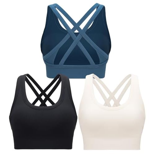 RUNNING GIRL Sports Bra for Women High Support, Criss-Cross Back Padded Strappy Sports Bras Yoga Bra with Removable Cups 1-black+white+dark Blue Medium