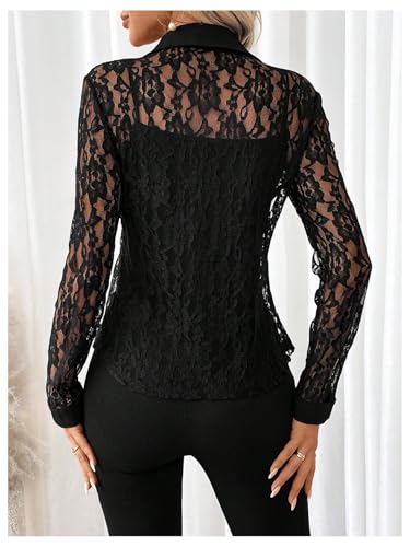 SOLY HUX Women's Lace Sheer Button Down Blouse Long Sleeve Collared Shirts Old Money Outfits2