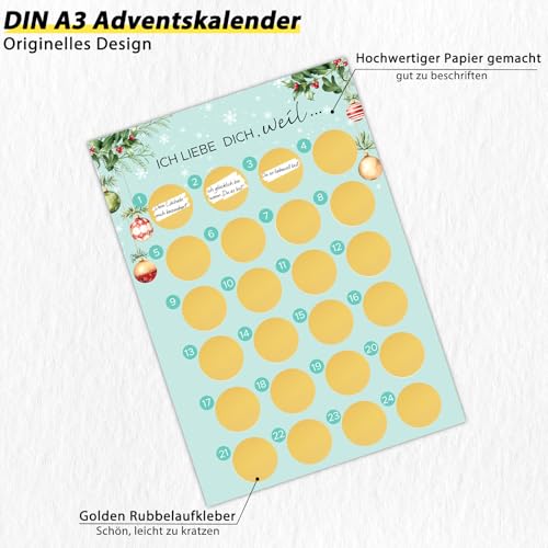 WenmthG Adventskalender zum Rubbeln - Ich Liebe Dich, Weil... - Adventskalender A3 Weihnachtskalender - Geschenk für Frauen - Geschenk für Freundin