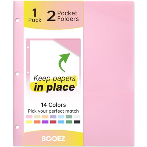 Sooez 2-Pocket Folders Plastic Folders with Pockets 3 Hole Punched 1 Pack Pockets Folder for 3 Ring Binder with Labels Heavy Duty Binder Folder for Document Letter Size File Folder Pink