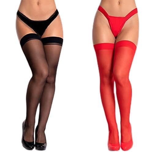 WDSOPK Sexy stockings Women Top High Knee High Socks Cuff Sexy Transparent Silk Stocking Ladies Thigh High Socks Black White Stockings（Black Red 2pcs-M）