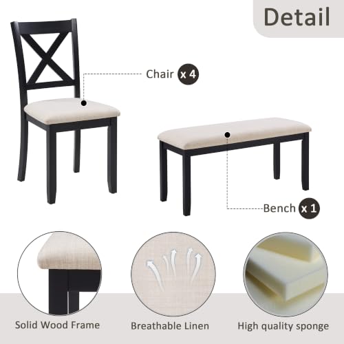 Image of Harper & Bright Designs 6-Piece Dining Table Set with Chairs & Bench,Black | Padded Beige Upholstered Seats, Space-Saving Bench, And Easy Assembly - Perfect For Families And Apartments