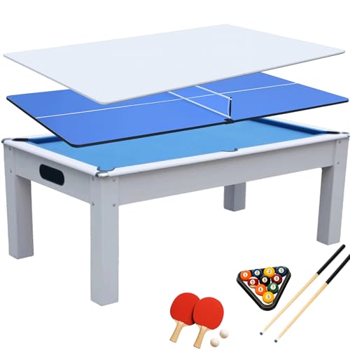 DEVESSPORT Mesa de Billar 3  en 1 Blanca - Billar, Ping Pong y Mesa de Comedor Incluye Todos los Accesorios, Fabricado de MDF, niveladores de Patas y Dimensiones 215x121x78cm