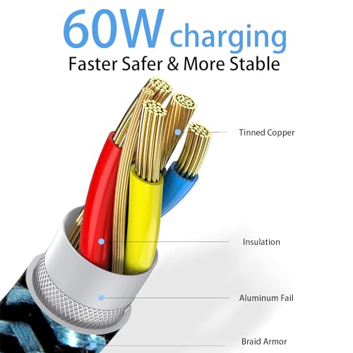 USB Type C Cable, Teeind Tpc002 3 Pack(3Ft 60W) USB C to Type C Charger Nylon Braided Cord Compatible with Galaxy S25/S24/S23/S22/S21 Plus,Note 20 10 9 8 and Other USB C Charger