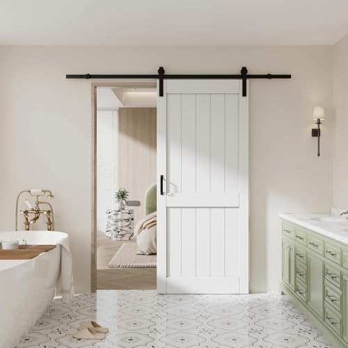 Image of 36 inch x 84 inch White Primed Sliding Barn Door with Hardware Kit Included | MDF Doors Covered with Water-Resistant Surface, Pre-Drilled Holes Easy Assembly, H-Frame