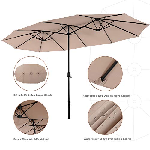 PHI VILLA 13 ft Outdoor Patio Umbrella, Large Rectangular Double Sided Market Table Twin Umbrellas with Crank Handle for Deck Pool(Beige)