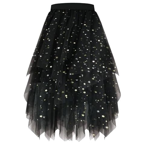 PUKAVT Tulle Skirts for Women High Waist Elastic Midi Skirt A-line Irregular Layered Mesh Tutu Skirts Sequin Black S Cover