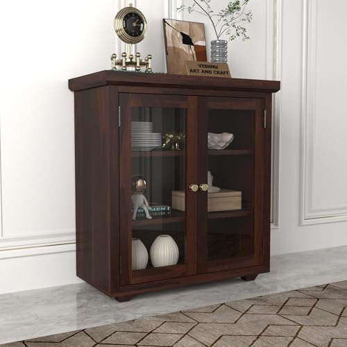 Image of Solid Sheesham Wood Sideboard Cabinet for Living Room | Wooden Storage Cabinet with 2 Acrylic Glass Doors & Shelves | Modern Display Sideboard for Home (Walnut Finish)
