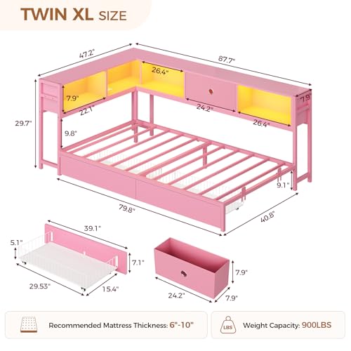 Image of Hasuit Twin XL Corner Bed Frame with Storage Drawers and Bookcase Headboard, Twin xl Size Metal Platform Bed Frame for Girls with Charging Station and LED Lights, Twin XL Daybed for Kids Bedroom, Pink
