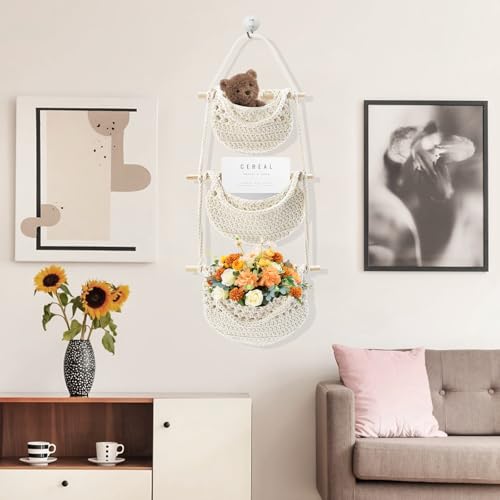 AolKee 3 Tier Hanging Organiser Wall Hanging Bag, Rope Woven Wall Hanging Storage Basket, Hanging Fruit Basket - Image 2