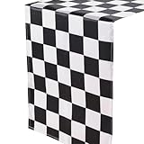 Schwarz-weiß karierter Tischläufer Rennwagen Geburtstag Party Tischdecke Rennflagge Tischläufer Büffel Plaid Picknick Tischdecke Dekorative Polyester Tischdecke für Festival 30 x 183 cm
