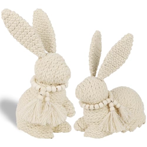 DRDUDU 2 Pack Easter Bunny Figurines Decor Rabbit Figurine Table Decorations Spring Bunnies Decoration Cotton Woven Statue for Home Indoor Centerpieces Fireplace Farmhouse Gifts Beige
