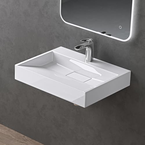 doporro Lavabo sobre encimera blanco brillante de mármol fundido con válvula de desagüe 50x38x11cm Colossum19 lavabo rectangular suspendido con 1 orificio para grifo con nano revestimiento