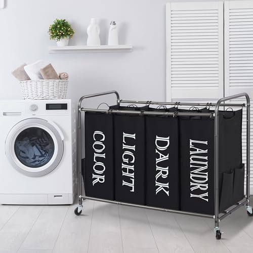 Image of STORAGE MANIAC Laundry Sorter 4 Section, 47.5 Gal (180 L) Laundry Hamper with Wheels, Clothes Divider Basket Sorter, Separator Hamper Cart with Removable Bags, Label Black