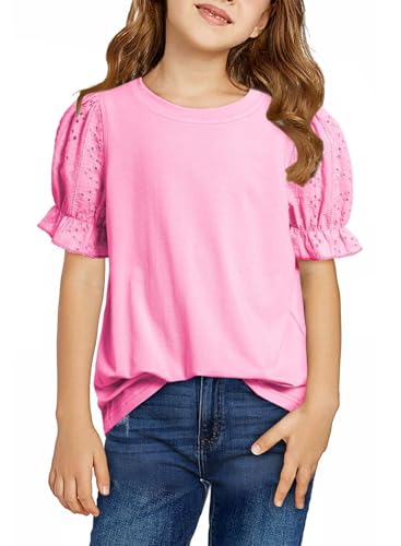 Image of DOKOTOO KIDS Girls Summer Shirts Cute Hollow Out Puff Short Sleeve Tops Casual Crewneck Tee Blouse 6-15 Years