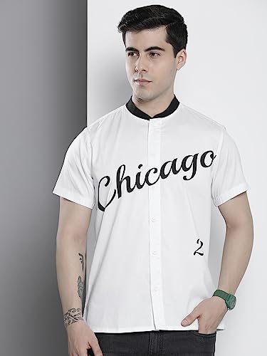 Image of The Indian Garage Co Men Cotton Regular Fit Placement Print Half Sleeves Baseball Collar Casual Shirt