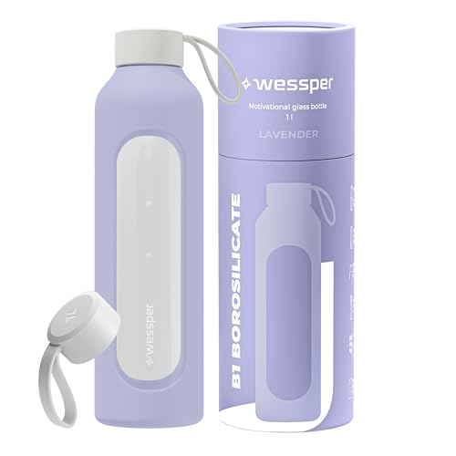 Wessper Botella de Agua Cristal, Botella 1 Litro Motivadora con Escala de Hidratación, Botellas de Vidrio Borosilicato con Funda de Silicona, Material Seguro sin BPA - Violeta