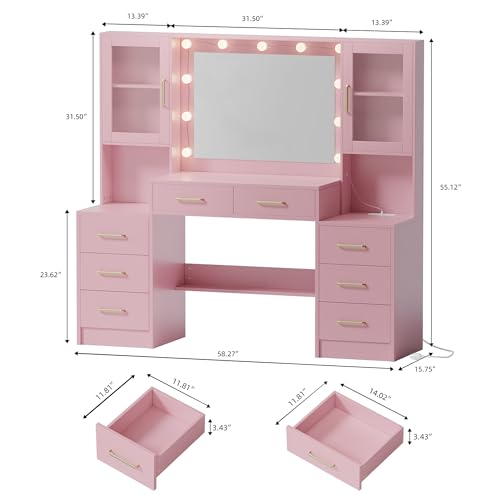 Image of 58.3 inch Makeup Vanity Desk with Charging Station, Pink Makeup Dressing Table with Mirror & Lights, 3 Lighting Modes Adjustable Brightness, Vanity Table with Power Outlet & 8 Drawers for Bedroom