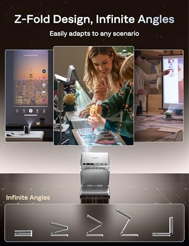 Image of Aurzen ZIP Tri-Fold DLP Portable Mini Projector with Bluetooth 5.4, Screen Mirroring, 5000mAh Battery, Type-C Fast Charging, Zero-Lag Focus&Keystone,720P Pico Projector,Built-in Stand, 20 inch-125 inch,White
