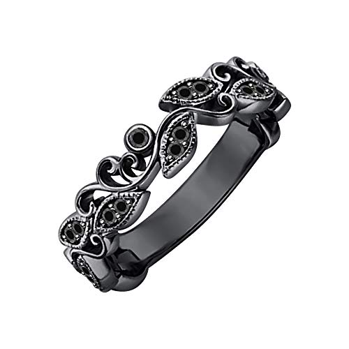 Gold & Diamonds Jewellery Unique Leaf Flower Engagement Ring Round Gemstone 14k Black Gold Over .925 Sterling Silver Art Deco Promise Ring for Women's.