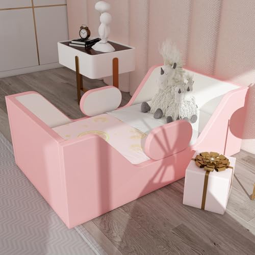 Toddler Bed, Child Bed for Kids with Extra Safty Broad, Standard Crib Size Toddler Bed, Certified Fabric Toddler Beds,Toddler Flood Bed (Mixed Pink&White)