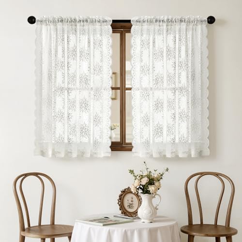 Image of MIULEE Vintage Floral Scalloped Lace Curtains 2 Panels, White 52 inch W x 54 inch L