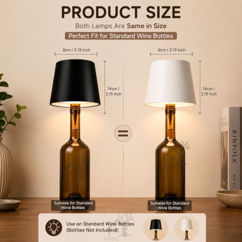 Image of ANKRI Wireless Bottle Lamp Combo LED 3 Colour Tones with Dimming | Touch Sensor On /Off | Night Light Lamp for Cafe Restaurant Home Living Room | 15 cm | USB Rechargeable | Black & White | Pack of 2