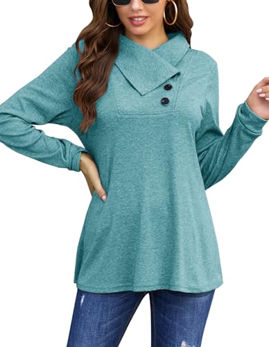 Bluetime Women's Fall Long Sleeve Cowl Neck Button Tunic Tops Lightweight Sweatshirts3