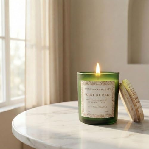 Image of Serenova Candles RAAT KI Rani Aromatherapy Candle, Organic Soy Wax, Handpoured and Handmade, 350gm, 40 Hours Burning Time
