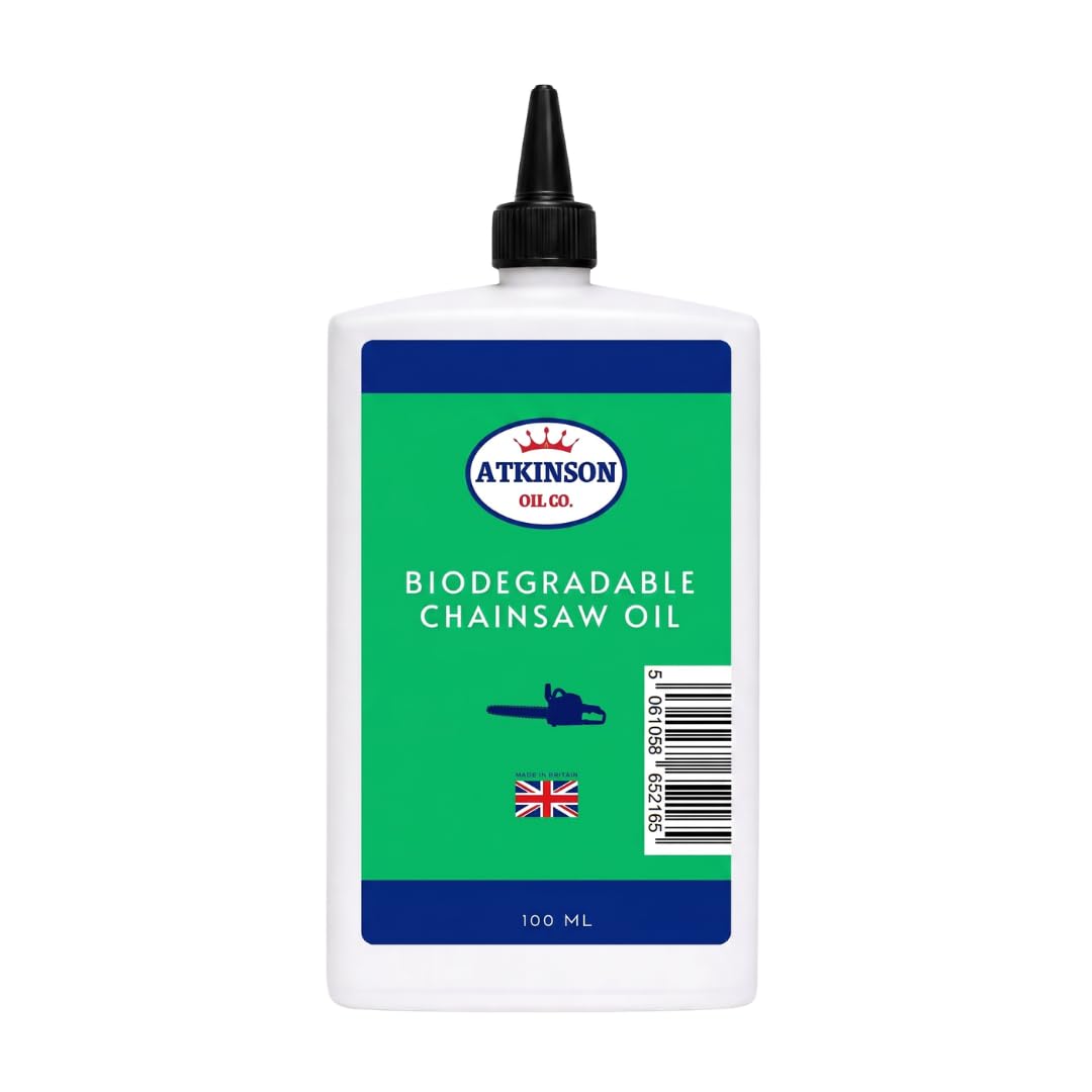 Atkinson Oil Co. Biodegradable Chainsaw Oil 100 ml – Tacky, Low-Fling Bar & Chain Lubricant | Anti-Wear, Rust Protection, Water-Resistant | Ideal for Environmentally Sensitive Areas Made in UK