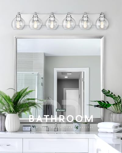 Image of Bathroom Light Fixtures, 6 Light Brushed Nickel Vanity Light, 38 Inch Modern Wall Sconces with Globe Clear Glass Shade, Vanity Lighting Fixtures Over Mirror, VL195-BN-6