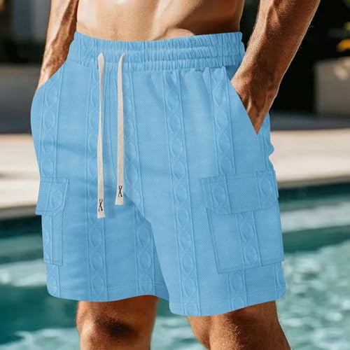 Image of Men's Cargo Shorts Casual Elastic Waist Drawstring Textured Lightweight Summer Comfy Beach Shorts Multi Pockets
