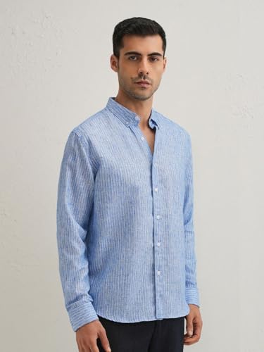 Image of Banana Club Elegant Lucent White Stripe Blended Linen Shirt for Men | Casual Stylish Long Sleeved Regular Fit Button-Down Collar Men's Wear | Shirt for Parties Office Daily Comfortable