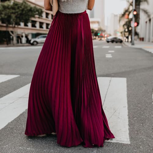 Women's Elegant Pleated Accordion High Elastic Waist Flowy Swing A-Line Maxi Skirts4