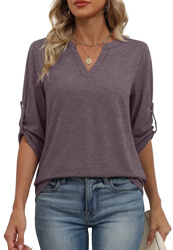 Image of XIEERDUO 3 /4 Length Sleeve Womens Tops V Neck T Shirts Both Side Buttons Blouses Business Casual Outfits Loose Fit
