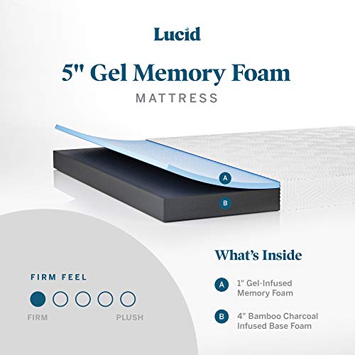 Lucid 5 Inch Firm Gel Memory Foam Mattress Twin— Gel Infusion—Hypoallergenic Bamboo Charcoal—Breathable Cover #TOP1