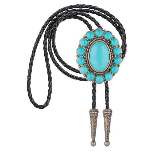 Image of GelConnie Bolo Tie for Men Women Western Cowboy Turquoise Leather Necktie | Natural Stone Bolo Tie Necklace for Women Rodeo Cowboy Leather Necktie Native American Western Cowgirl Ties Adjustable Cord