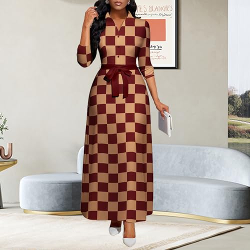 Image of Maxi Dresses for Women Casual Long Sleeve Crewneck Floor Length Dress | Floral Print,Swing,Soft Fabric,with Belt and Pockets