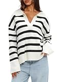 Darong 2024 Fall Sweater Collared V Neck Casual Long Sleeve Color Block Loose Pullover Knit Sweater Tops 9103 Off White L