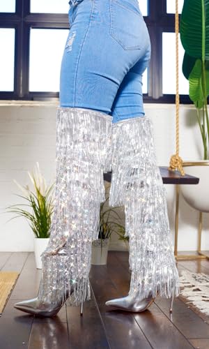 MissHeel Silver Sequin Fringe High Heel Boots Over the Knee Stiletto Boots3