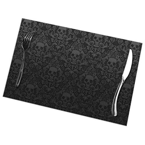 Victorian Gothic Black Skull Damask Placemats for Dining Table Set of 6 Placemat for Dinner Non-Slip Heat Insulation Stain Resistant Washable Table Mats Set of 6